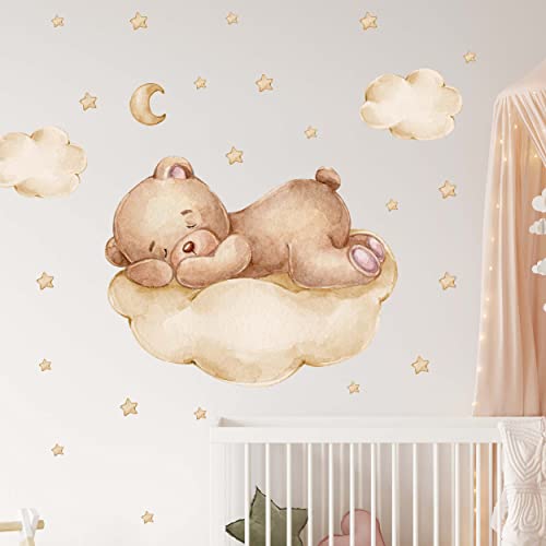 WANDKIND Bär auf der Wolke Wandtattoo Kinderzimmer V346 | handgezeichnet | AUFKLEBER Kindergarten | Wandsticker Teddybär mit Sterne Teddy BRAUN (120 x 120 cm) von WANDKIND