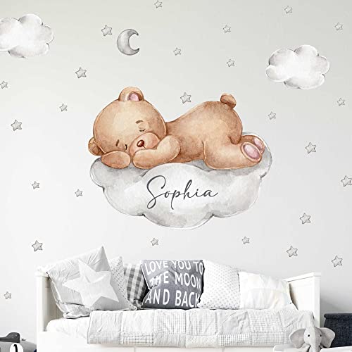 WANDKIND Bär auf der Wolke Wunschname V305 Wandtattoo Kinderzimmer | handgezeichnet | AUFKLEBER Kindergarten | Wandsticker Babyzimmer, Kinderzimmer Bär, Mond, Sterne, Wolke (75 x 75 cm) von WANDKIND