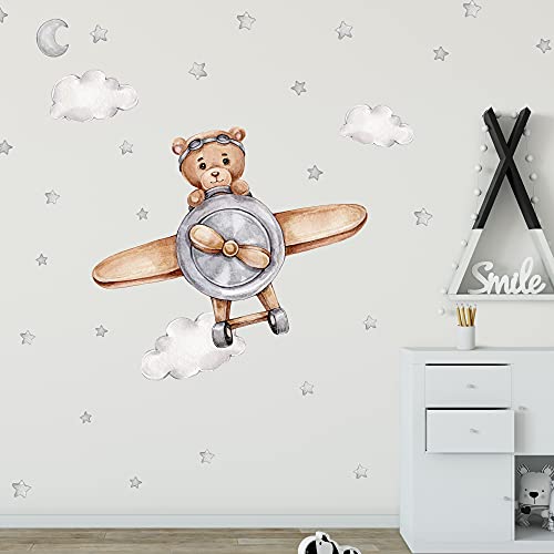 WANDKIND Bär im Flieger Wandtattoo V272 | handgezeichnet | AUFKLEBER Kindergarten | Wandsticker Kinderzimmer Teddybär mit Sterne Teddy Flugzeug Pilot (120 x 120 cm) von WANDKIND