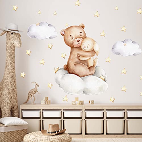 WANDKIND Bär & Hase auf einer Wolke V426 Wandtattoo Kinderzimmer | handgezeichnet | AUFKLEBER Kindergarten | Wandsticker Babyzimmer, Kinderzimmer Bär, Mond, Sterne, Wolke (100 x 100 cm) von WANDKIND