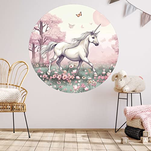 WANDKIND Einhorn Wandtattoo Rund Kinderzimmer V417 | handgezeichnet | AUFKLEBER Kindergarten | Wandsticker Babyzimmer | Blumenwiese (100 x 100 cm) von WANDKIND