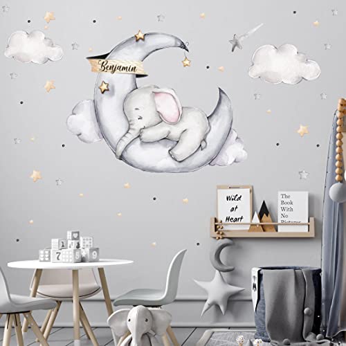 WANDKIND Elefant auf dem Mond mit Wunschname V329 Wandtattoo Kinderzimmer | handgezeichnet | AUFKLEBER Kindergarten | Wandsticker Babyzimmer, Kinderzimmer Elefant, Mond, Wolke, Sterne (100 x 100 cm) von WANDKIND