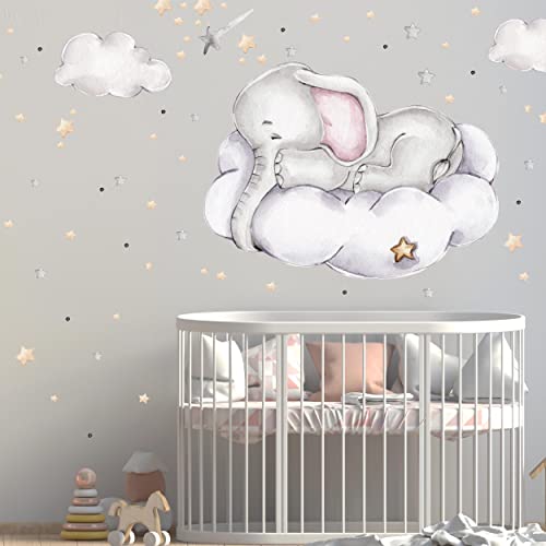 WANDKIND Elefant auf der Wolke Wandtattoo V316 | handgezeichnet | AUFKLEBER Kindergarten | Wandsticker Kinderzimmer Elefanten mit Sterne Elephant Wolken (120 x 120 cm) von WANDKIND