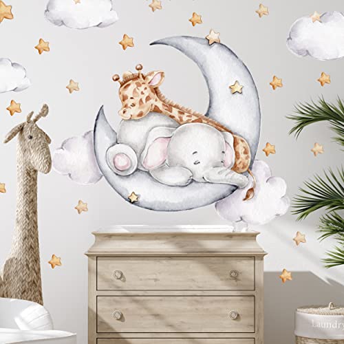 WANDKIND Elefant und Giraffe auf dem Mond Wandtattoo V325 | handgezeichnet | AUFKLEBER Kindergarten | Wandsticker Kinderzimmer Deko mit Sterne (100 x 100 cm) von WANDKIND