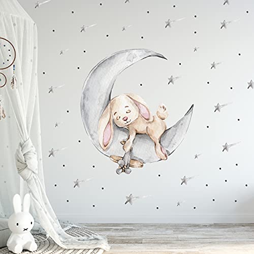 WANDKIND Hase auf dem Mond Wandtattoo V303 | handgezeichnet | AUFKLEBER Kindergarten | Wandsticker Kinderzimmer Hasen mit Sterne Sternschnuppe (120 x 120 cm) von WANDKIND