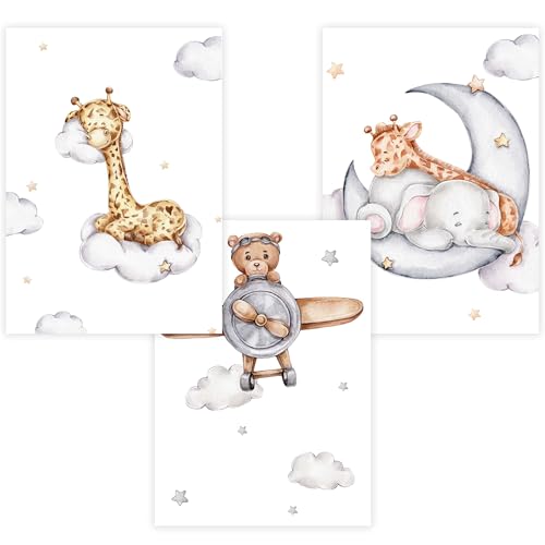 WANDKIND Kinderzimmer Poster Set Premium P772 / Träumende Tiere Babyzimmer Wandbild Wandbilder (A3 - Rahmen/Frame Eiche/Oak) von WANDKIND