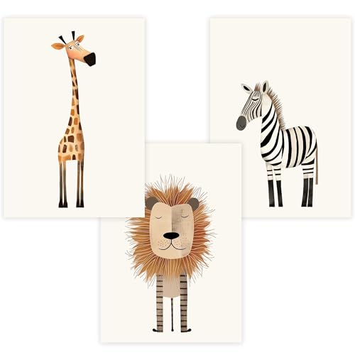 WANDKIND Kinderzimmer Poster Set Premium P787 / Safariportraits schlicht Wandbild Babyzimmer (A3 - Rahmen/Frame Eiche/Oak) von WANDKIND