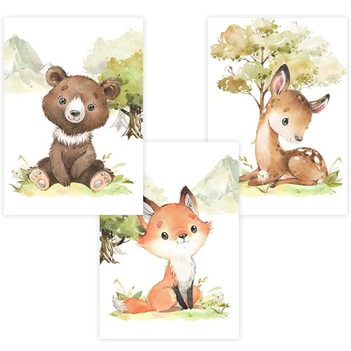 WANDKIND Kinderzimmer Poster Set Premium P795 / niedliche Waldtiere Portraits Babyzimmer Wandbild (A3 - Rahmen/Frame Eiche/Oak) von WANDKIND