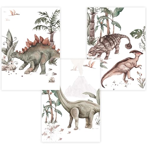 WANDKIND Kinderzimmer Poster Set Premium P806 / Dinosaurierwelt Babyzimmer Wandbild (A3 - Rahmen/Frame Eiche/Oak) von WANDKIND