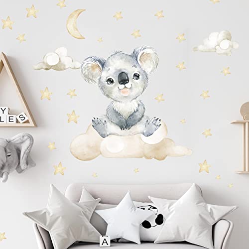 WANDKIND Koala auf der Wolke Wandtattoo V340 | handgezeichnet | AUFKLEBER Kindergarten | Wandsticker Kinderzimmer Kolas mit Sterne Wolken (120 x 120 cm) von WANDKIND