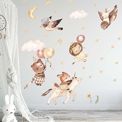 WANDKIND Magische Tiere Wandtattoo Kinderzimmer V388 | handgezeichnet | AUFKLEBER Kindergarten | Babyzimmer Wandsticker Löwe Fuchs Bär Hase Elefant (120 x 120 cm) von WANDKIND