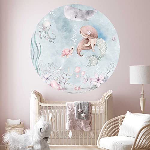 WANDKIND Meerjungfrau V400 rundes Wandtattoo Kinderzimmer | handgezeichnet | AUFKLEBER Kindergarten | Wandsticker Babyzimmer Mermaid (130 cm) von WANDKIND