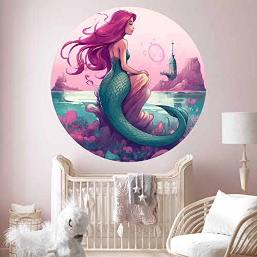 WANDKIND Meerjungfrau V415 rundes Wandtattoo Kinderzimmer | handgezeichnet | AUFKLEBER Kindergarten | Wandsticker Babyzimmer Mermaid (100 x 100 cm) von WANDKIND