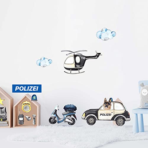 WANDKIND Polizei Wandtattoo Set V339 | handgezeichnet | AUFKLEBER Kindergarten | Wandsticker Kinderzimmer Deko Helikopter Hubschrauber Polizeihund Fahrzeug Auto Polizeiauto (40 x 40 cm) von WANDKIND