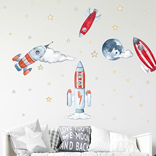 WANDKIND Raumschiff Wandtattoo Set V310 | handgezeichnet | AUFKLEBER Kindergarten | Wandsticker Kinderzimmer Weltraum Rakete Mondreise Sterne Planeten Mond Astronaut Raumschiffe (60 x 60 cm) von WANDKIND