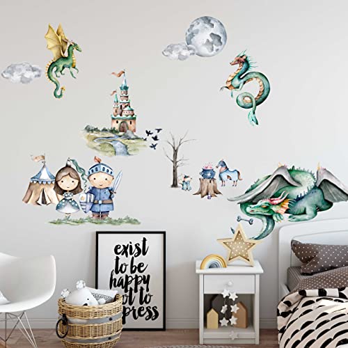 WANDKIND Ritter und Drache Wandtattoo Kinderzimmer V383 | handgezeichnet | AUFKLEBER Kindergarten | Babyzimmer Wandsticker Schloss Prinzessin Wanddeko (120 x 120 cm) von WANDKIND