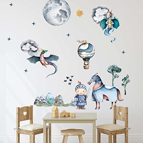 WANDKIND Ritter und Drache Wandtattoo Kinderzimmer V384 | handgezeichnet | AUFKLEBER Kindergarten | Babyzimmer Wandsticker Schloss Prinzessin Heissluftballon Wanddeko (100 x 100 cm) von WANDKIND