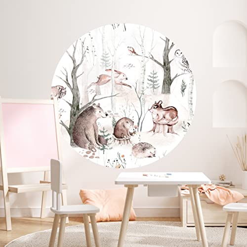 WANDKIND Waldtiere Wandtattoo Kinderzimmer RUND V428 | handgezeichnet | AUFKLEBER Kindergarten | Babyzimmer Wandsticker Wanddeko Dekoration Abenteuer im Wald (130 x 130 cm) von WANDKIND