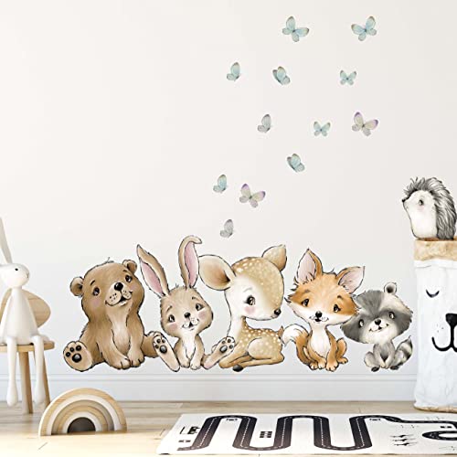 WANDKIND Waldtiere Wandtattoo Kinderzimmer V372 | handgezeichnet | AUFKLEBER Kindergarten | Babyzimmer Wandsticker Dschungel mit Bär Igel Reh Waschbär Fuchs Hase (100 x 100 cm) von WANDKIND