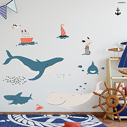 Wal Hai Meerestiere Wandtattoo Set V247 | handgezeichnet | AUFKLEBER Kindergarten | Wandsticker Kinderzimmer Fisch Fische Krabbe Schiff Schiffe Segelboot Möwe (50 x 50 cm) von WANDKIND