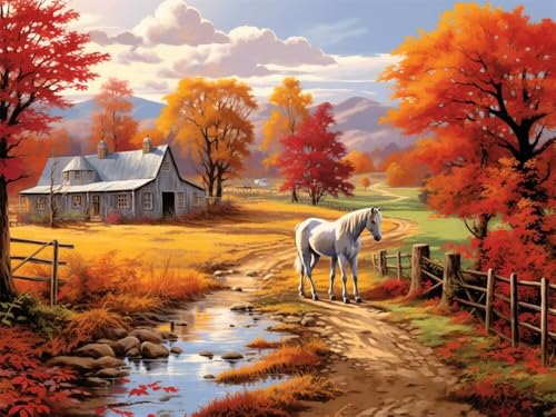 Diamond Painting Bauernhaus Diamond Painting Erwachsene, 5D Herbst-Landschaft Diamant Painting Bilder Kinder, DIY Daiments Painting Erwachsene Diamond-Painting Set für Home Wand Dekoration 60x40cm von WANGLLPGY