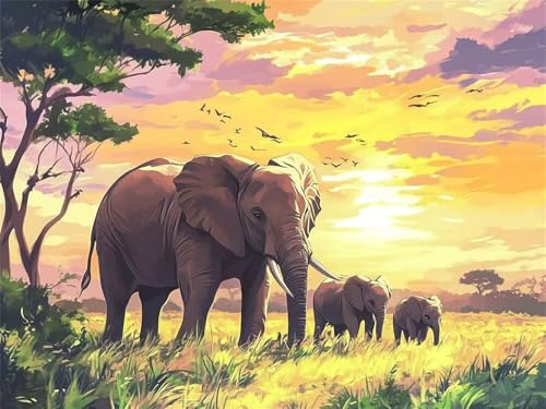 Diamond Painting Elefant 5D Diamond Painting Erwachsene Groß 50x40cm, DIY Diamant Painting Bilder Sonnenuntergang Bastelset Erwachsene, Dimond Painting Set für Home Wand Dekoration Geschenk -YZ224 von WANGLLPGY