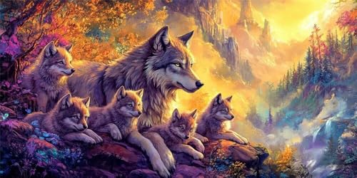 Diamond Painting Erwachsene, 5D Diamond Painting Wolf Familie Wald Diamant Painting Bilder, DIY Full Drill Dimond Painting Set Diamond Painting Zubehör Kits für Home Wand Décor 120x60cm -YZ168 von WANGLLPGY