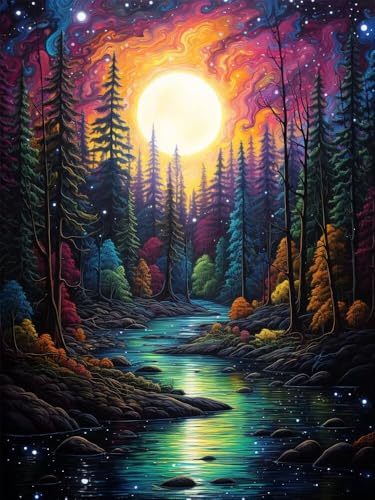 Diamond Painting Vollmond-Wald Diamond Painting Erwachsene, 5D Fluss Diamant Painting Bilder Kinder, DIY Daiments Painting Erwachsene und Anfänger, Diamond-Painting Set für Home Wall Decor 60x90cm von WANGLLPGY