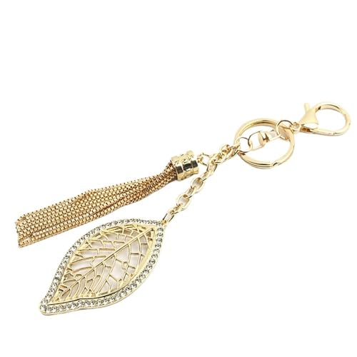 WANGSHAOWEI Taschenkette Kreative Mode Blatt Form Schlüsselanhänger Mit Metall Quaste Kette Frauen Strass Blatt Anhänger Schlüsselanhänger Taschen Hängende Verzierung Kette FüR Tasche(Light Gold) von WANGSHAOWEI