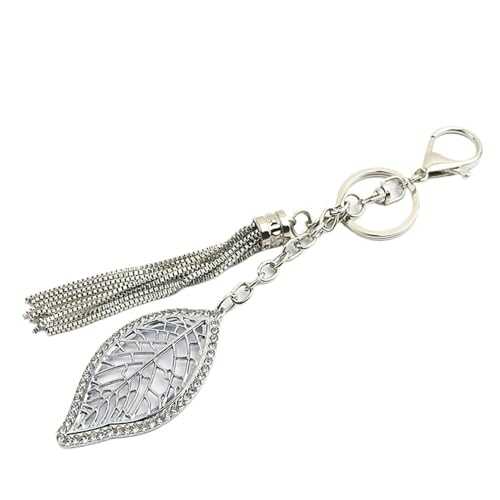 WANGSHAOWEI Taschenkette Kreative Mode Blatt Form Schlüsselanhänger Mit Metall Quaste Kette Frauen Strass Blatt Anhänger Schlüsselanhänger Taschen Hängende Verzierung Kette FüR Tasche(Silver) von WANGSHAOWEI