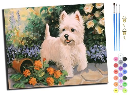 WANGXIAO Malen nach Zahlen Erwachsene,DIY Handgemalt Ölgemälde Kit,40x50 cm,Paint by Numbers Adult Mit 3,Pinseln und Acrylfarbe leinwand Kit,West Highland White Terrier Hund Blumen,mit Rahmen WANGXIAO Malen nach Zahlen Erwachsene,DIY Handgemalt Ölgemälde Kit,40x50 cm,Paint by Numbers Adult Mit 3,Pinseln und Acrylfarbe leinwand Kit,West Highland White Terrier Hund Blumen,mit Rahmen von WANGXIAO