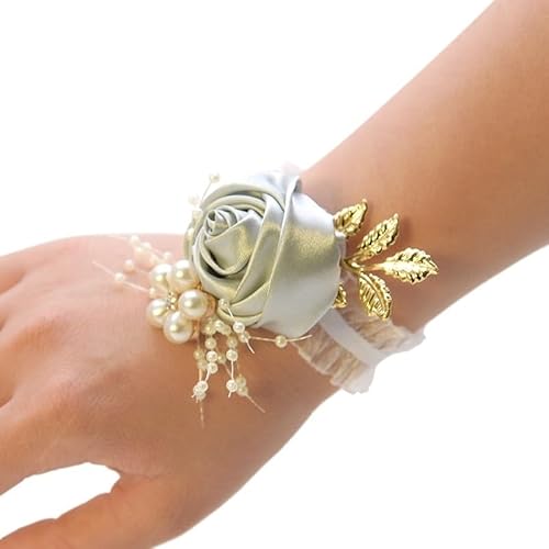 WANGZEYU Blumenarmband Braut Geschenke Hand Blumen Party Prom Zubehör Brautjungfer Faux Hochzeit Handgelenk Corsage Band Perle Bogen Boutonniere(Gray) von WANGZEYU