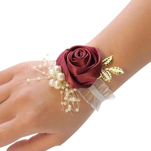 WANGZEYU Blumenarmband Braut Geschenke Hand Blumen Party Prom Zubehör Brautjungfer Faux Hochzeit Handgelenk Corsage Band Perle Bogen Boutonniere(Wine red) von WANGZEYU