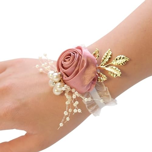 WANGZEYU Blumenarmband Brautgeschenke Handblumen Party Abschlussball Zubehör Brautjungfer Faux Rose Armband Hochzeit Handgelenk Corsage Polyesterband Perlenschleife Boutonniere(Gold) von WANGZEYU