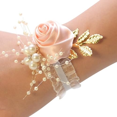 WANGZEYU Blumenarmband Brautjungfer Faux Rose Armband Hochzeit Handgelenk Polyester Band Perle Bogen Braut Geschenke Hand Blumen Party Zubehör Großhandel Boutonniere(Light pink) von WANGZEYU