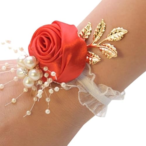 WANGZEYU Blumenarmband Brautjungfer Faux Rose Armband Hochzeit Handgelenk Polyester Band Perle Bogen Braut Geschenke Hand Blumen Party Zubehör Großhandel Boutonniere(Red) von WANGZEYU