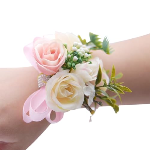 WANGZEYU Blumenarmband Brautjungfer Handgelenk Blumen Rose Seidenband Braut Hand Dekorative Braut Hochzeit Armband Armband Geschenke Hochzeit Party Decor Boutonniere(Light pink) von WANGZEYU