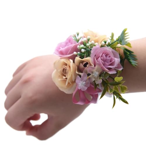 WANGZEYU Blumenarmband Brautjungfer Handgelenk Blumen Rose Seidenband Braut Hand Dekorative Braut Hochzeit Armband Armband Geschenke Hochzeit Party Decor Boutonniere(Purple Pink) von WANGZEYU