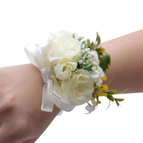 WANGZEYU Blumenarmband Brautjungfer Handgelenk Blumen Rose Seidenband Braut Hand Dekorative Braut Hochzeit Armband Armband Geschenke Hochzeit Party Decor Boutonniere(White) von WANGZEYU