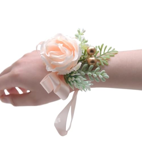 WANGZEYU Blumenarmband Champagner Rose Blumen Seidenband Schärpe Handgelenk Boutonniere(Color 01) von WANGZEYU