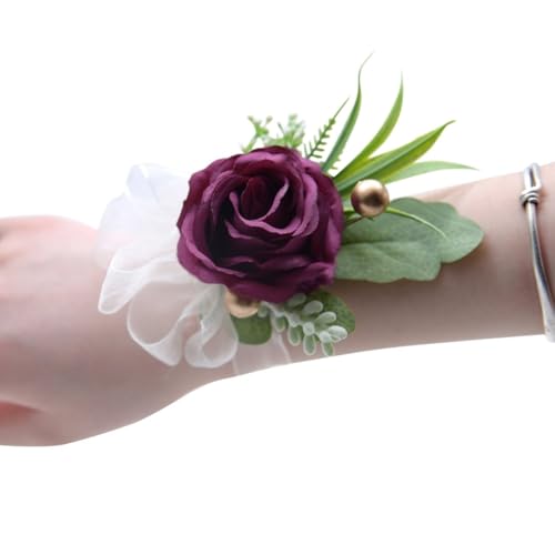 WANGZEYU Blumenarmband Rose Künstliche Blumen Handgelenk Corsage Spitze Schärpe Brautjungfer Rosa Zubehör Armband Boutonniere(Color 05) von WANGZEYU