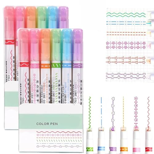 WANWEN Magic Border Pen Set – 6 Farben Textmarker mit Bunter Randgestaltung, Kreative Marker für Kunst, Zeichnen, Büro & Schule – Design Stifte für Basteln und DIY Projekte (12pcs) von WANWEN