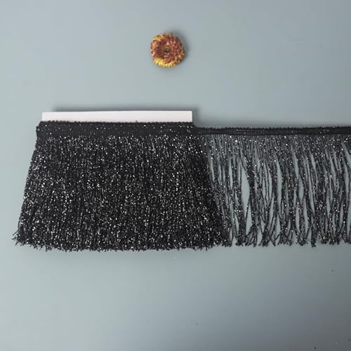 WANYI 10 Yards 15cm Fransenborte Fransen mit Goldfaden Weihnachtsdeko Borten und Bänder zum Nähen DIY Dekoband für Vorhang,Lampenschirm,Kostüm,Heimdekoration,Latein-Tanzkleidern(schwarz+silber) von WANYI