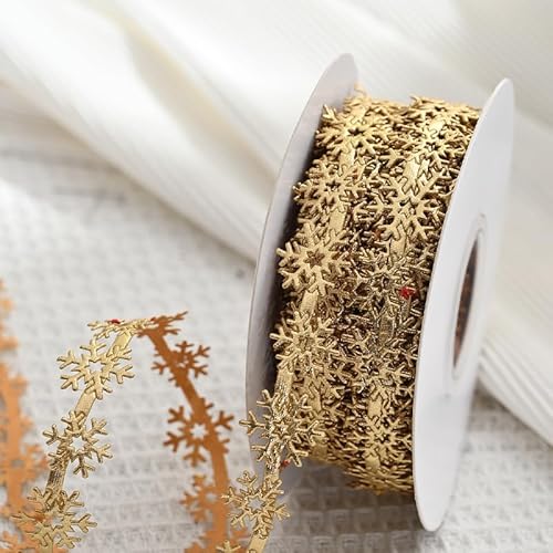 WANYI 10 Yards 2.2cm Weihnachten Schneeflocke Band Doppelseitige Schleifenband Geschenkband Weihnachtsbaum Dekoband für Geschenkverpackung Winterurlaub DIY Dekoration(Gold) von WANYI