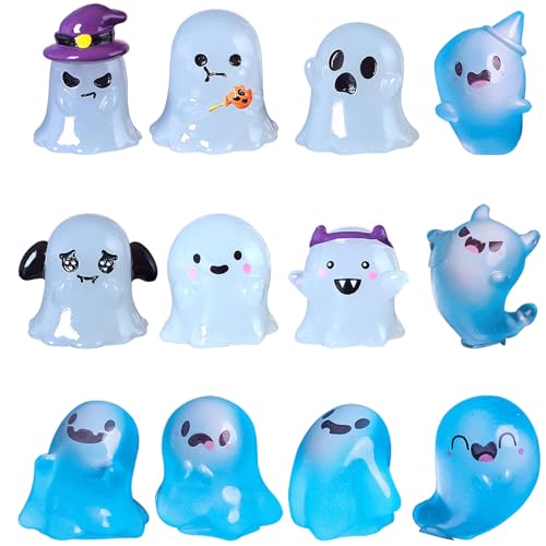 WANYI 12 PCS Halloween Deko für Outdoor Innen Miniatur Geister Deko Resin Halloween Tischdeko Streudeko mit Leuchtend für Garten, Fensterbank, Schreibtisch, Party Dekoration, DIY Basteln von WANYI