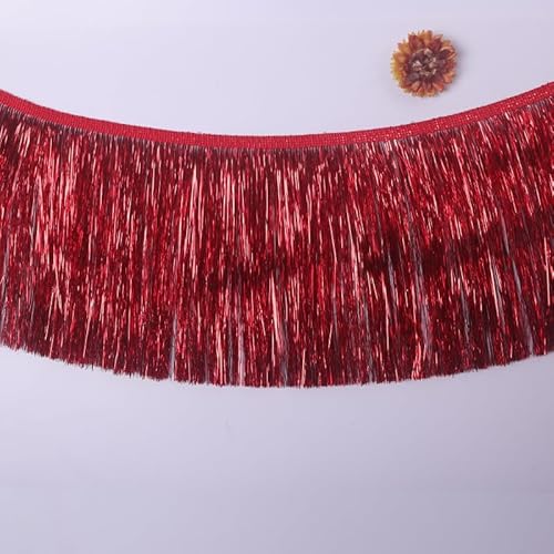 WANYI 15CM 10 Yards Quaste Seide Fransen mit Metallic Lametta Fransenborte Fransenbordüre Fransenbesatz Glänzende Quastenbesatz für DIY Basteln,Weihnachten Kleidung, Tanzkostüm, Vorhänge (Rot) von WANYI