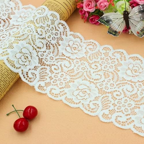 WANYI 2 Yards 15cm Spitzenband Spitzenborte Elastizität Spitze Meterware Borten und Bänder zum Nähen Nylon Vintage Blumenband Borte für DIY Handwerk Unterwäsche Kleidung Sofa(D-Weiß) von WANYI