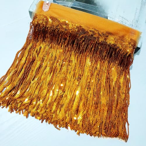 WANYI 2 Yards Fransen Fransenborte mit Goldfaden Borten und Bänder zum Nähen 20cm Breite Quaste Seide Glitzer Fransenbordüre Dekoband für Vorhang,Kostüm,Heimdekoration,Latein Tanzkleidern(Orange) von WANYI