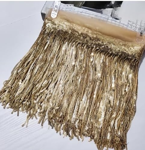 WANYI 2 Yards Fransen Fransenborte mit Goldfaden Borten und Bänder zum Nähen 20cm Breite Quaste Seide Glitzer Fransenbordüre Dekoband für Vorhang,Kostüm,Heimdekoration,Latein Tanzkleidern(Helles Gold) von WANYI