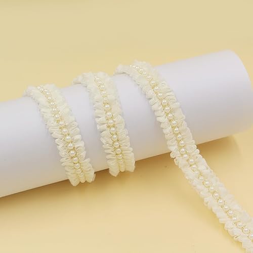 WANYI 20 Yards 1.7cm Breit Spitzenband mit Perlen Spitzeborte Perlenband Polyester Spitzenbordüre Rüschen Borten und Bänder zum Nähen fur Rock, Kleidungsstück,Kragen,Vorhang Dekoration(Beige） von WANYI